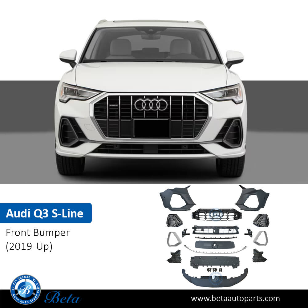 Front Bumper with Park Assist without Washer for Audi Q3 S-Line 2019-Up models, Part Number 83A807107G / 83A807108G Front Bumper with Park Assist without Washer for Audi Q3 S-Line 2019-Up models, Part Number 83A807107G / 83A807108G